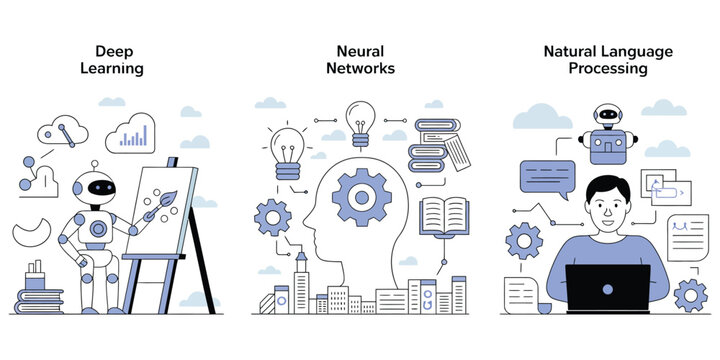 AI and Deep Learning Concept &ndash; Vector Illustration Featuring Robot Presenting Data, Human Neural Network, and Natural Language Processing for Machine Learning, Automation, and Data Science

