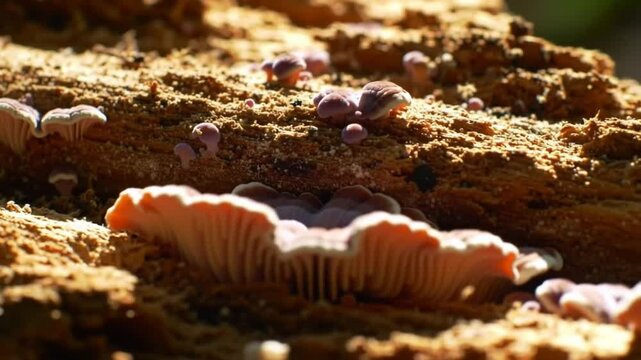 Close Up of Pink and White Mushrooms Growing on Decaying Log