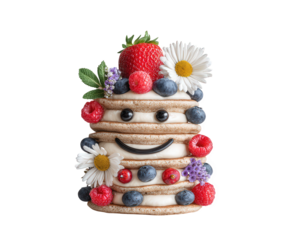 Pancake stack with whipped cream, blueberry, raspberry, strawberry, and daisy flower arranged in happy face, playful and cheerful breakfast for kids