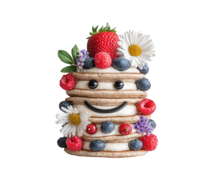 Pancake stack with whipped cream, blueberry, raspberry, strawberry, and daisy flower arranged in happy face, playful and cheerful breakfast for kids