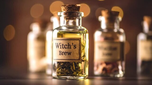 Glass bottle labeled "Witch's Brew" with golden liquid, herbs, cork stopper, and blurry bokeh background