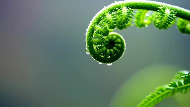 Close-up of a Young Fern Frond Uncurling with Water Droplets, Green Background