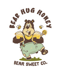 Illustration of a cartoon character of a bear happily holding honey in a retro style, suitable for product branding, stickers, posters, etc.