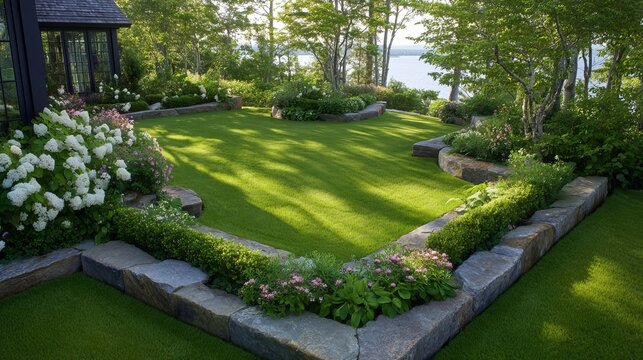 Lush green garden with manicured lawns and vibrant flower beds, creating a serene outdoor retreat.
