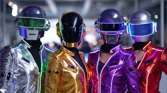 Futuristic robotic helmets with led lights and colorful metallic jackets - Powered by Adobe