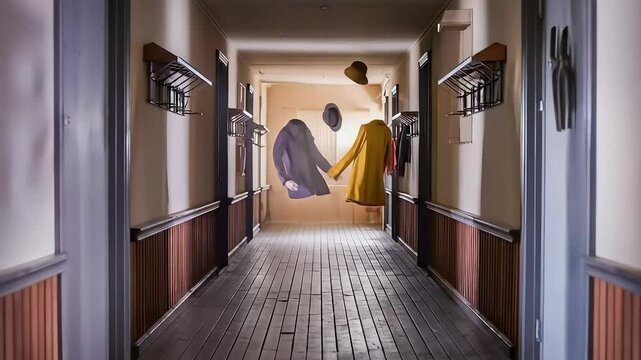 A long, empty corridor features coats, hats, and shoes floating and moving as if worn by unseen figures, creating a mysterious and surreal presence