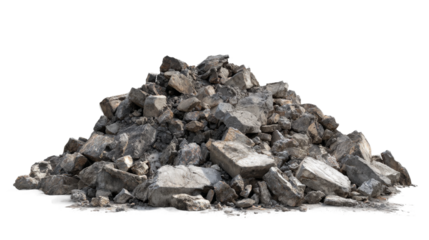 Pile of concrete rubble shows cracked and broken pieces against transparent background.