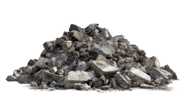Pile of concrete rubble shows cracked and broken pieces against transparent background.
