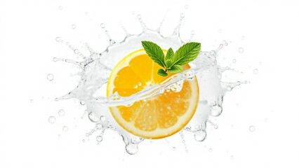 Fresh lemon slice with water splash and mint leaves for summer drink and healthy lifestyle