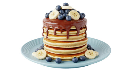 Isolated Stack of Pancakes with Chocolate, Banana and Berries
