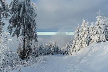 Snow covered hiking trail to Lysa hora hill in Moravskoslezske Beskydy mountains in Czech republic