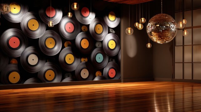 retro style party room interior, 70s disco theme, vinyl records on wall, warm lights, disco ball, wooden floor, minimal and nostalgic 