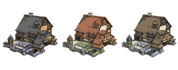 A colorful fantasy illustration set of the medieval honey shop houses isolated on transparent background. © Asanee
