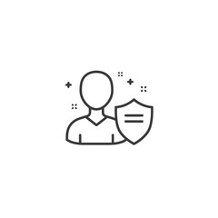Simple line art icon of a person protected by a shield.