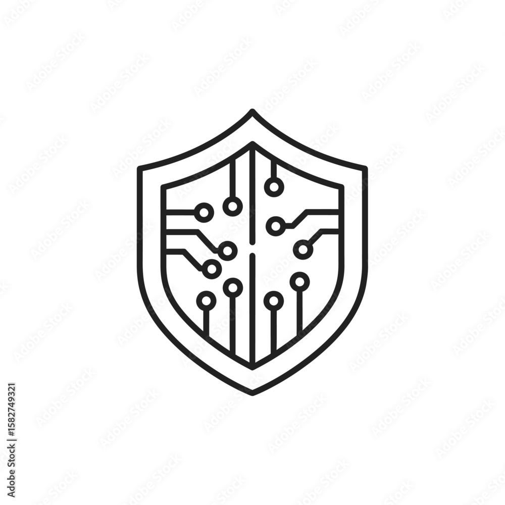 Poster a shield icon containing a circuit board pattern, representing data protection or cybersecurity.