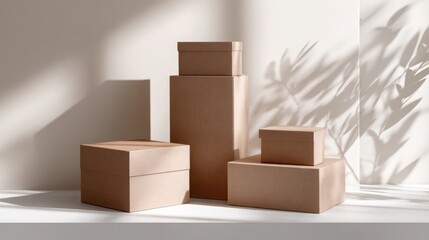 stacked cardboard boxes in natural lighting, minimalist modern composition, product branding setup 
