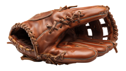 Leather baseball glove lies open on a transparent background.
