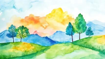 Fototapeta premium Fun watercolor drawing for kids, featuring colorful landscapes and playful themes, simple techniques