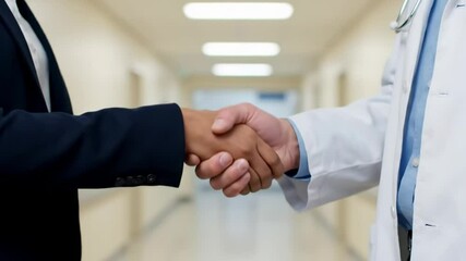 A doctor in a white coat shakes hands with a person in a dark suit in a hospital hallway - Powered by Adobe