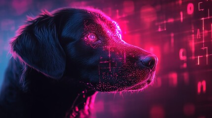 Black labrador retriever emerging from technological particles and digital rain
