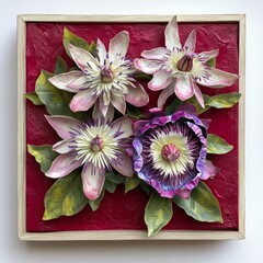 Detailed paper flower arrangement in a framed artwork.