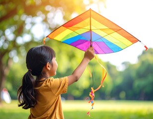 Child flying a colorful kite in a park