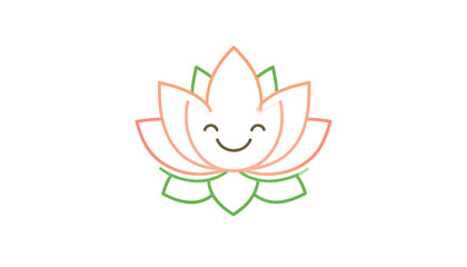 Fototapeta premium A stylized, smiling lotus flower illustration with pink petals and green leaves on a white background.