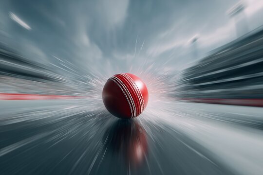 Hyper-realistic cricket ball flying directly toward the camera, intense motion blur, energy trails, abstract speed effect, background of a blurred stadium, epic and modern concept, advertising