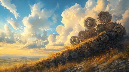 Futuristic Mechanical Gears on Hilltop Surrounded by Dramatic Sky with Clouds During Sunset