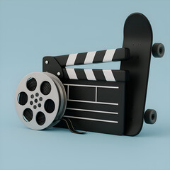 Creative cinema and skateboard concept, Film reel with clapperboard and skateboard, Movie direction meets street culture, Modern filmmaking and youth lifestyle, Unique film industry concept image.



