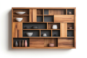 Minimalist wooden wall shelf offers decorative storage and showcases elegant bowls and ceramic art with a contemporary design.
