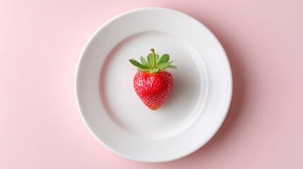 white ceramic plate with single strawberry centered, pastel pink background, minimal aesthetic food concept 