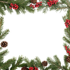 Decorative Christmas border with coniferous frame featuring berries and pinecones on a white background