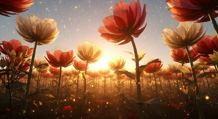 Magical field of red-orange flowers under glowing pastel sky at sunrise, with sparkling light particles, soft golden sunlight, and dreamy, ethereal ambiance in nature
