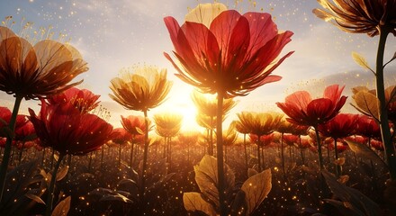 Magical field of red-orange flowers under glowing pastel sky at sunrise, with sparkling light particles, soft golden sunlight, and dreamy, ethereal ambiance in nature