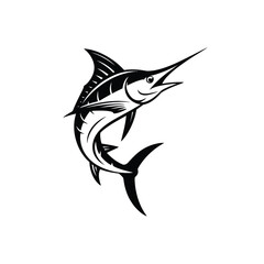 Stylized black and white marlin leaping from the water in a dynamic pose