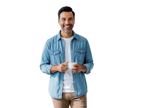 Portrait of man holding white cup on white