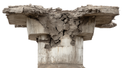 Damaged weathered concrete bridge column and deck shows severe cracks on a transparent background.