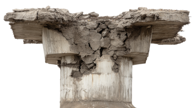 Damaged weathered concrete bridge column and deck shows severe cracks on a transparent background.
