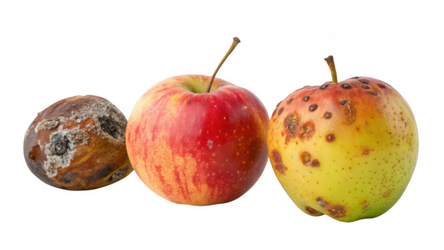 Three apples showing different stages of decay and spoilage isolated on transparent background