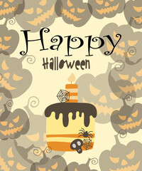 Cute Halloween vertical card with cake and pumpkins. Hand-drawn vector illustration in flat style.