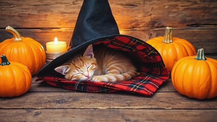 ginger kitten sleeping in witch hat with pumpkins and candles