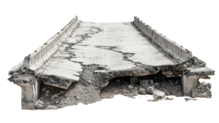 Damaged concrete bridge with cracks and debris is isolated on transparent background.