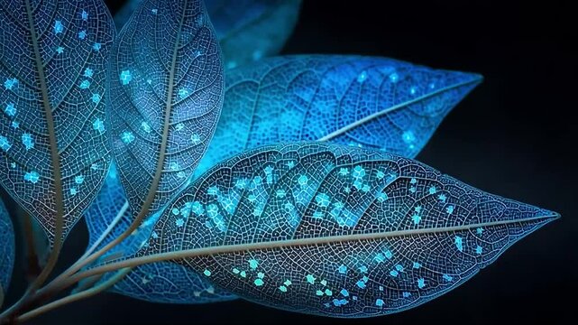 Macro shot featuring beautifully backlit leaves with intricate patterns and glowing blue highlights on a dark background.