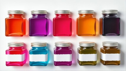 Colorful liquid in glass jars on white background for art and craft projects and food preservation