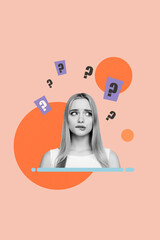 Collage of woman man person with question marks floating around symbolizing doubt decision making...