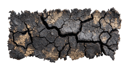 Cracked dark brown earth fragment shows rough edges on a transparent background.