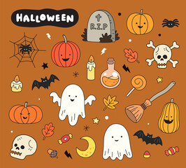 set of halloween doodle vector illustration, cute cartoon


