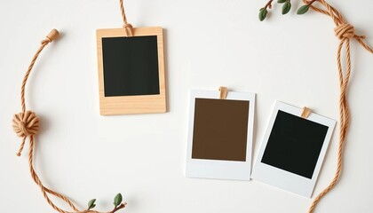 Beige wooden polaroid frames with natural rope, vintage aesthetic, soft white backdrop,  photo display,  clean