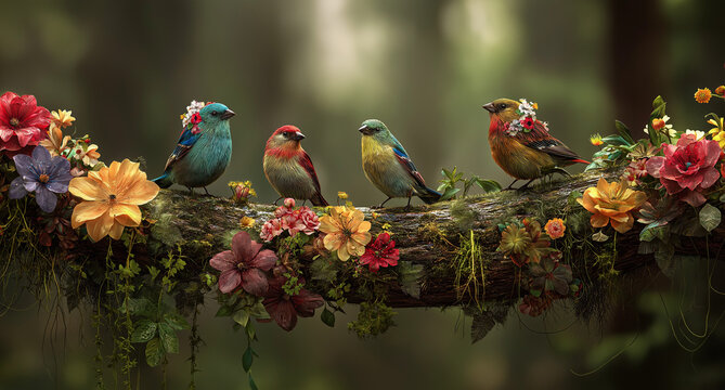 A bird family sits on the branch of an old tree in the forest
